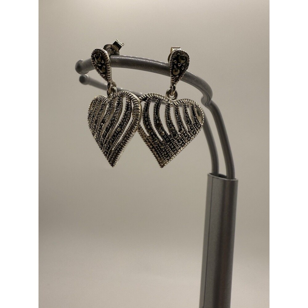 Vintage Heart Shaped Sterling Silver 925 & Marcasite Earrings Diamond Read Descr - Picture 8 of 12